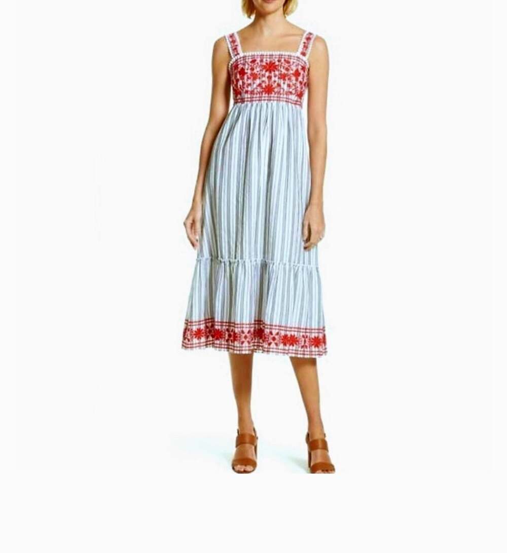 Slate & Willow Blue Striped Embroidered 100% Linen Midi Dress Size S